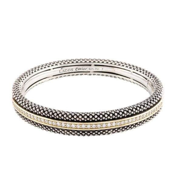 LAGOS DIAMOND 1.02 CTW 18K YELLOW GOLD & STERLING SILVER  HINGED BANGLE BRACELET - Picture 7 of 11